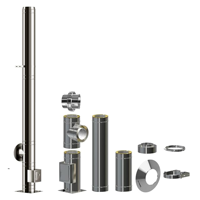Un kit de chimenea de doble pared de acero inoxidable pulido brillante, de 120 milímetros de diámetro interior y 3,7 metros de largo
