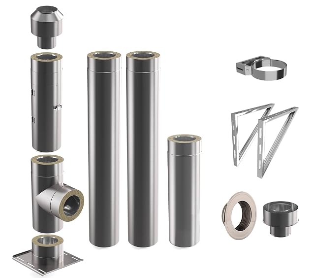 Un kit completo de chimenea de acero inoxidable de doble pared de 3,3 metros y 150 milímetros de diámetro interior