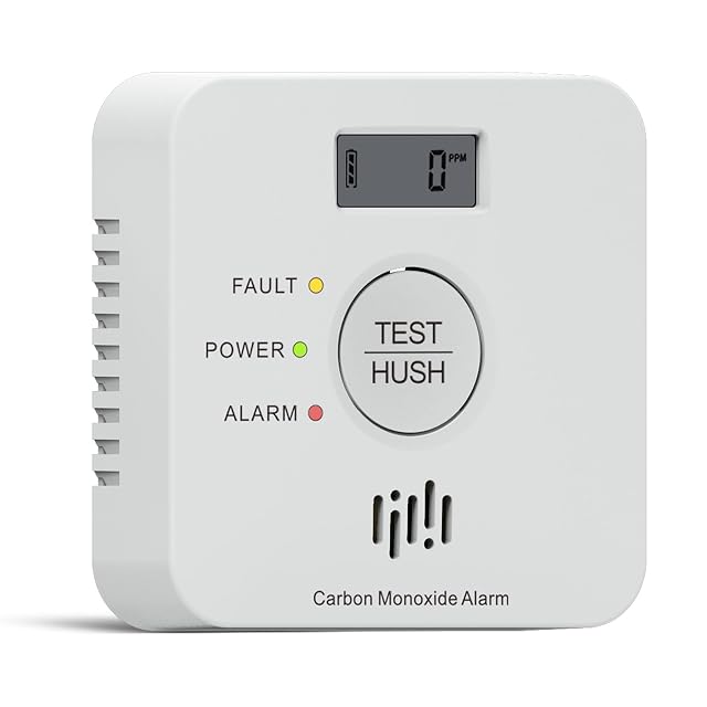 Detector de monóxido de carbono Ruan blanco con una pantalla LCD cuadrada que muestra una lectura en ppm