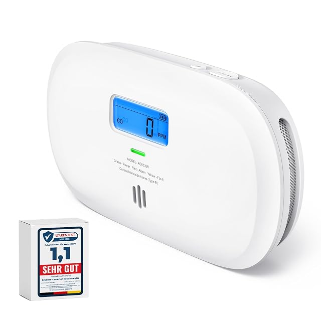 Detector de monóxido de carbono X-Sense XC0C-SR blanco de pie sobre una estantería con pantalla digital