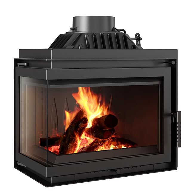 Casete de chimenea de esquina Kratki Simple de fundición negra con vidrio en dos caras contiguas