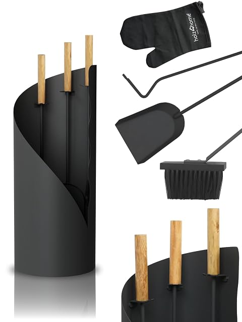 Un juego de herramientas de chimenea de cinco piezas gris y negro con mangos de madera y un guante de estufa incluido