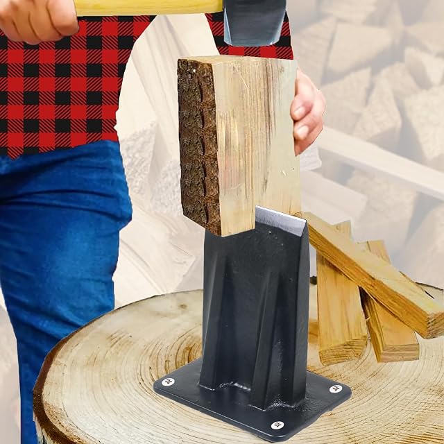 Cuña de partir de fundición negra con pintura en polvo atornillada a un tajo de madera y con el capuchón de seguridad puesto