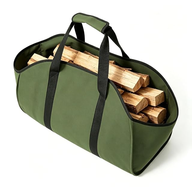 Una bolsa grande plegable para transportar leña en tejido Oxford oscuro con asas anchas acolchadas