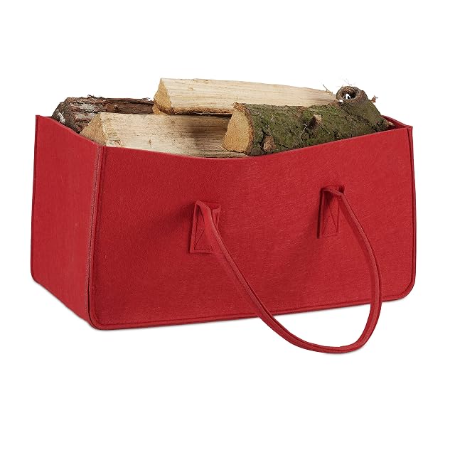 Una bolsa roja de fieltro para transportar leña de 25 por 25 por 50 centímetros con un asa resistente