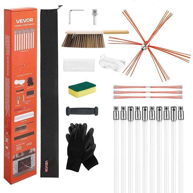 Un juego de limpieza de chimenea con un cabezal de cepillo rectangular de nailon y diez metros de varilla flexible