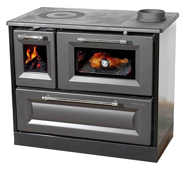 Una cocina de leña antracita con placa de cocción de fundición, horno con cristal y termómetro, de 7,7 kilovatios