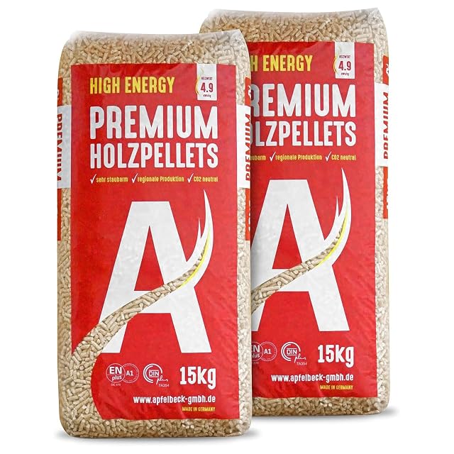 Dos sacos de 15 kg de pélets de madera premium hechos en Baviera con certificación ENplus A1 y DINplus