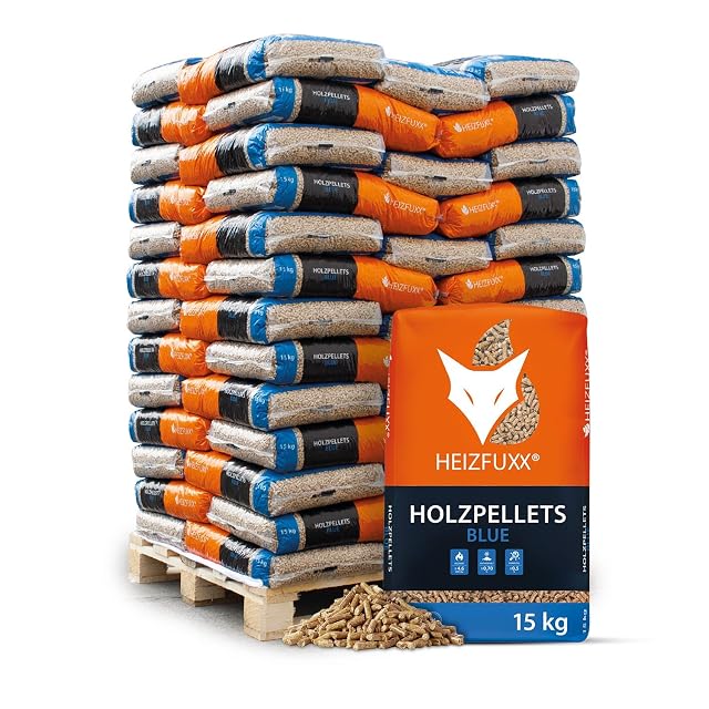 Un palé de 975 kg con sesenta y cinco sacos de 15 kg de pélets de madera blanda HEIZFUXX Blue ENplus A1